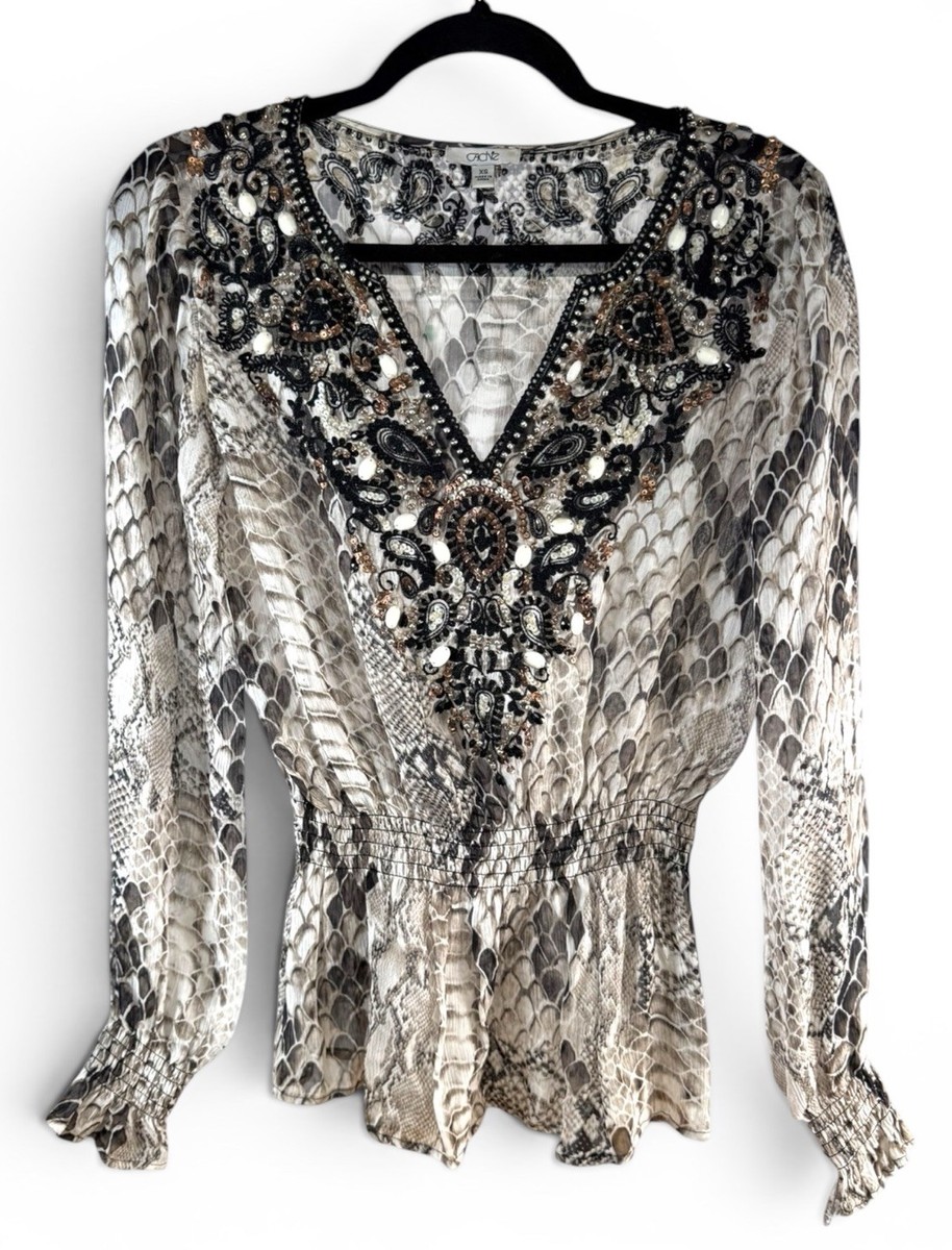 Y2K Indie Boho Snake Skin Print Smocked Blouse Beaded Embellished XS Cache