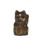Lucky Cat H45 mm Netsuke Japanese Traditional Boxwood Carving Artworks Vintage