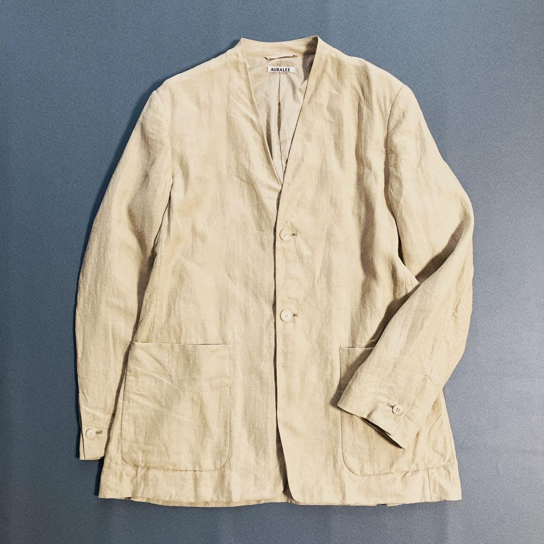 AURALEE Linen Gabardine No Collar Jacket Size 1 Yellow Beige