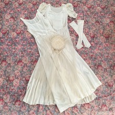 Vintage 1930s 40s Metallic Wedding Dress Gown Puff Sleeves Slip Gloves Veil XXS