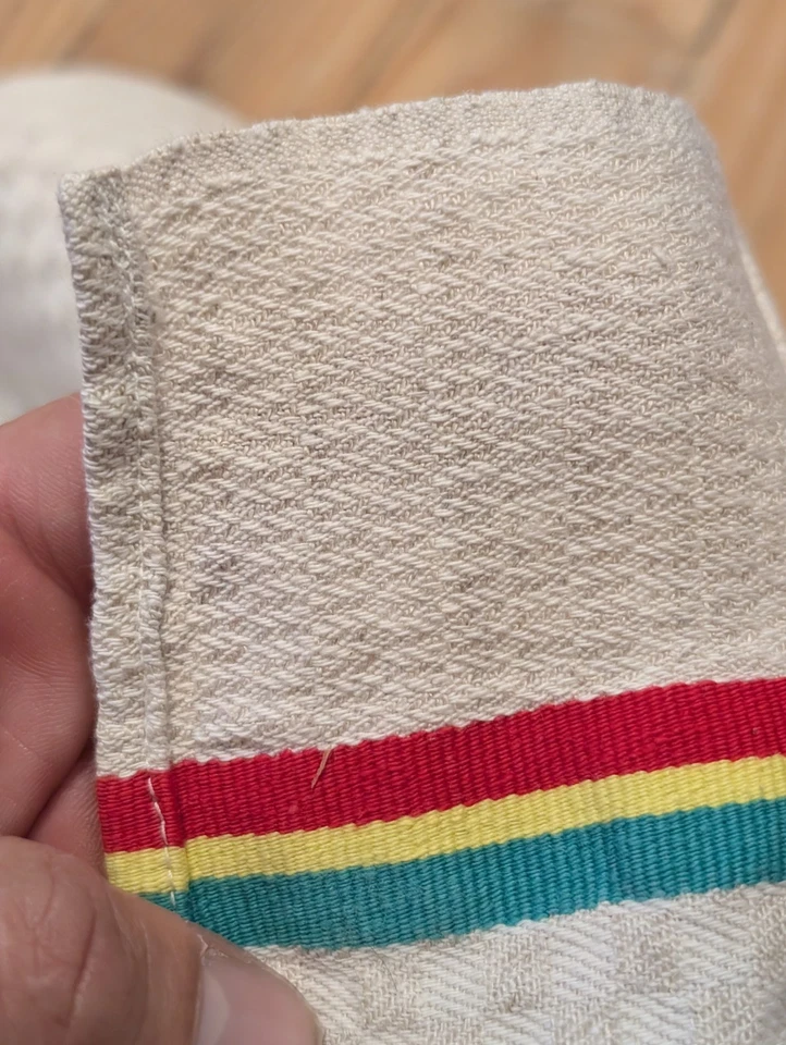 12 torchon ancien en métis ou coton damassé, liteaux rouge jaune et vert vintage - Photo 4/4