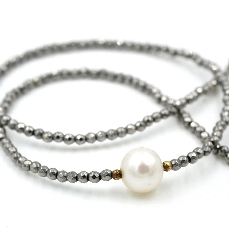 Collares gargantilla cuentas redondas facetadas de hematita y peral de plata de 2-3 mm 18"" Foto 4 de 4