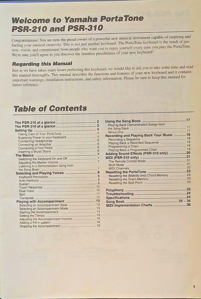 Yamaha PSR-210 PSR-310 Portatone Keyboard Original Owner's Manual