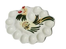 VINTAGE ROOSTER CHICKEN CERAMIC DEVILED EGG DISH PLATTER COLLECTIBLE FARMHOUSE