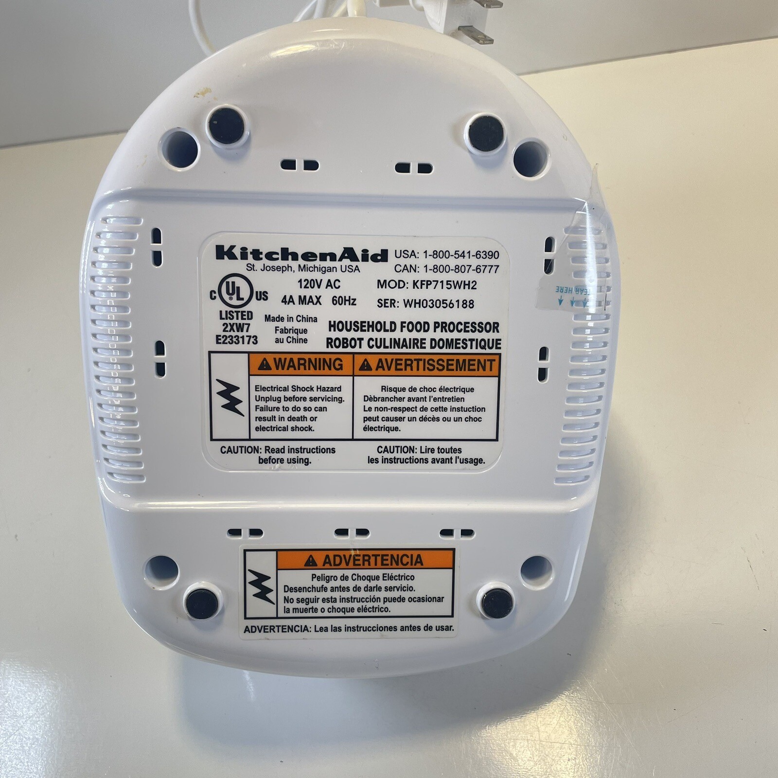 KitchenAid 7 Cup Food Processor Motor KFP715WH2 White BASE ONLY Tested