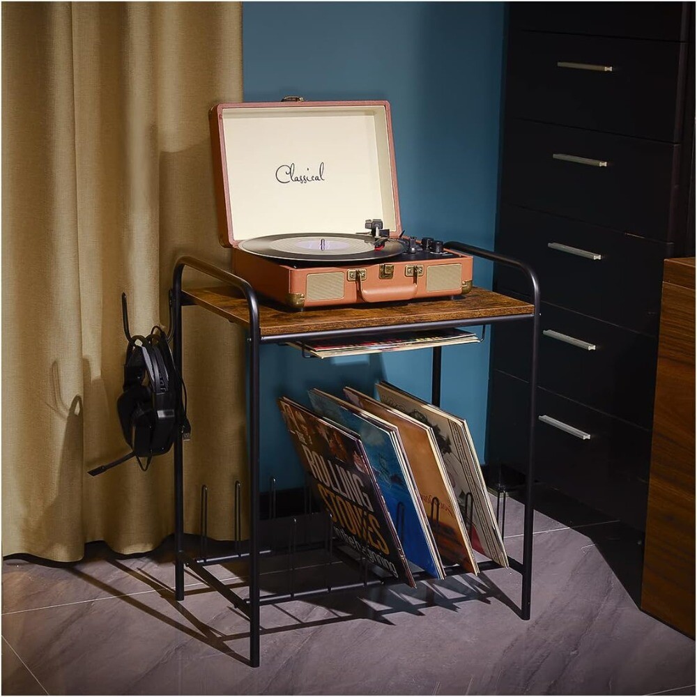 Wooden Vinyl Record Player Stand with Extended Storage Desktop  -image