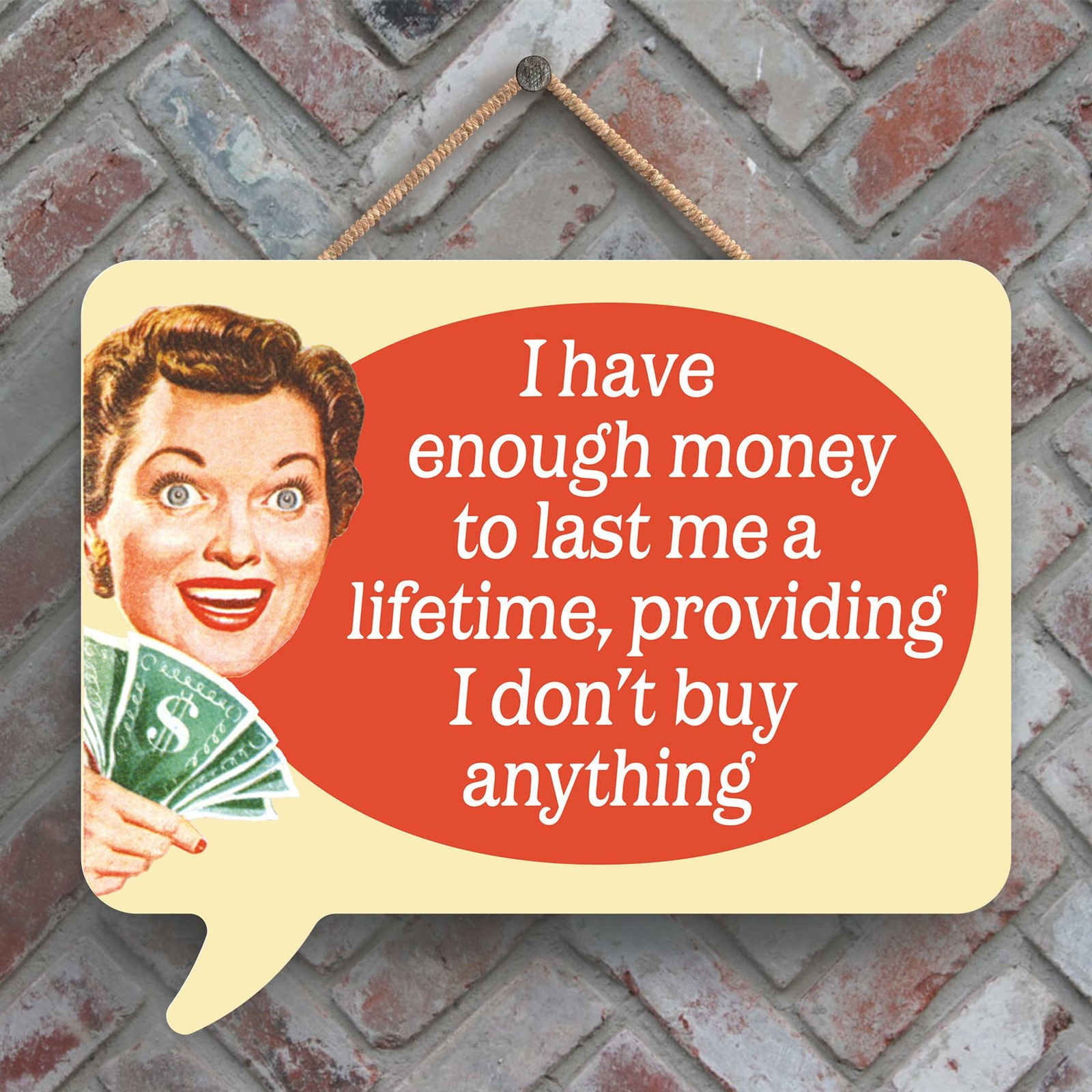 I HAVE ENOUGH MONEY HUMOUROUS PIN UP THEMED SPEECH BUBBLE SHAPED WOODEN PLAQUE