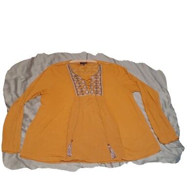 Artesia Mustard Yellow Gauzy Embroidered Long Sleeve Boho Peasant Top XL