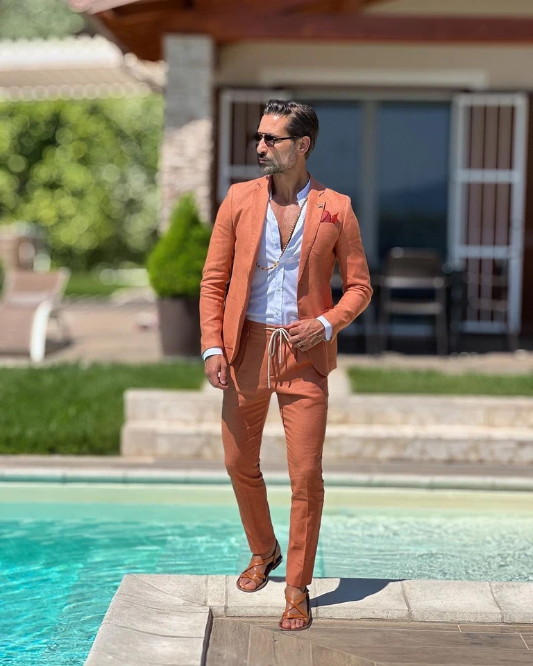 Trajes de lino naranja para hombre verano ropa causal playa boda novio graduación esmoquin Foto 3 de 4