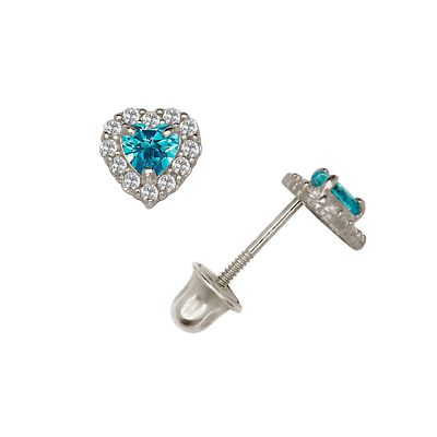 14K Solid White Gold 5mm CZ Heart Halo Love Studs Birthstone Screw Back Earrings