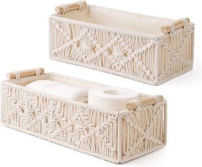 Set of 2 Macrame Storage Baskets   Boho Woven Organizer for Shelf, Cabinet