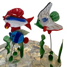 Vintage Murano Style Tropical Fish Figurines With Seaweed Art Glass Pair