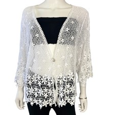 Womens XL Boho White Crochet Bohemian Lace Kimono Cardigan Open Front Oversized
