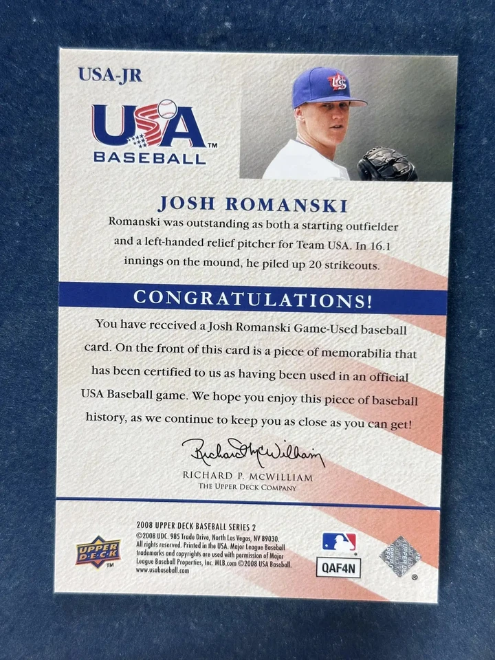 2008 Upper Deck USA Baseball Josh Romanski Jersey Team USA - Image 2 of 2