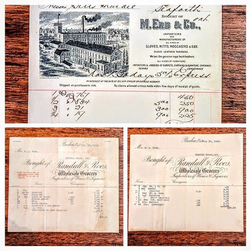 19th C 3 BILLHEADS TANNERS/SEAGRAMS DISTILLERS BERLIN KITCHENER CRYSTAL BEACH ON