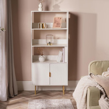Display Cabinet Bookcase 4 Tier Storage Shelves Doors Tall Unit Modern Taupe