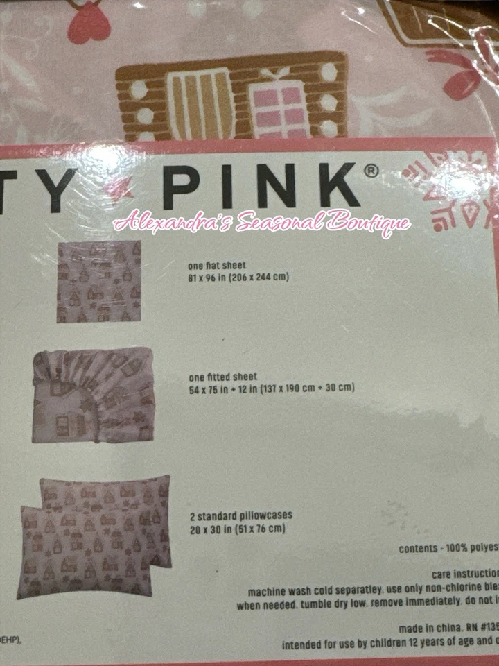 Full Sheet Set 4 PC Christmas Pink Gingerbread House Ribbon Hearts New - Image 4 of 4