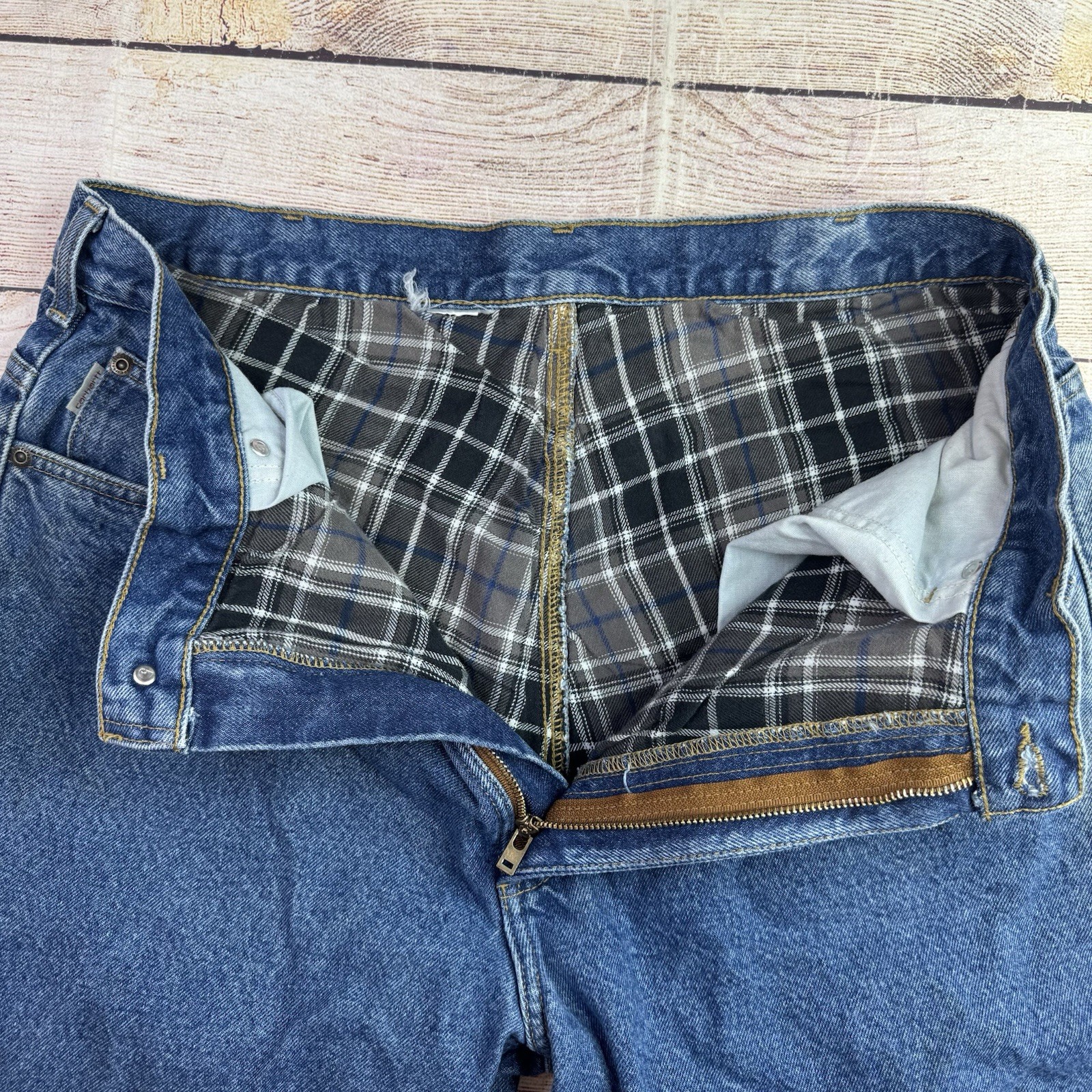 Vintage Carhartt Jeans Mens (36x33) Blue Denim Flannel Lined Workwear (Read) thumbnail 8