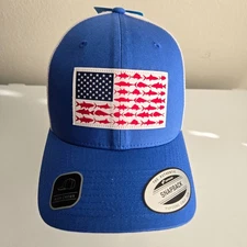 Columbia PFG Fish Flag Mesh Snap Back Hat Cap Patriotic Fishing Blue NWT