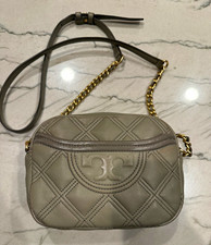 Tory Burch Fleming Quilted Leather Camera Bag Taupe Grey