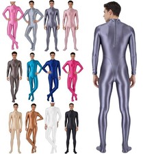 Men Glossy Unitard Full Bodysuit Zipper Long Sleeve Athletic Jumpsuit Underwear