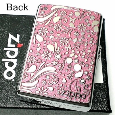 Zippo Cat Flower Pink Metal Plate Silver Etching Oil Lighter