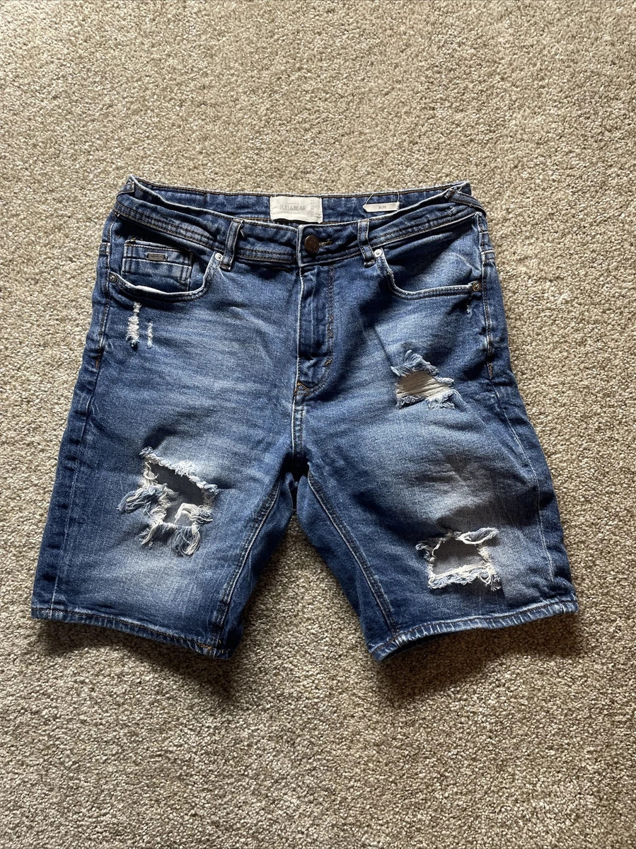 Pull Bear Denim Shorts Men 31 Slim Blue Distressed Bermuda Shorts Faded Ripped | eBay