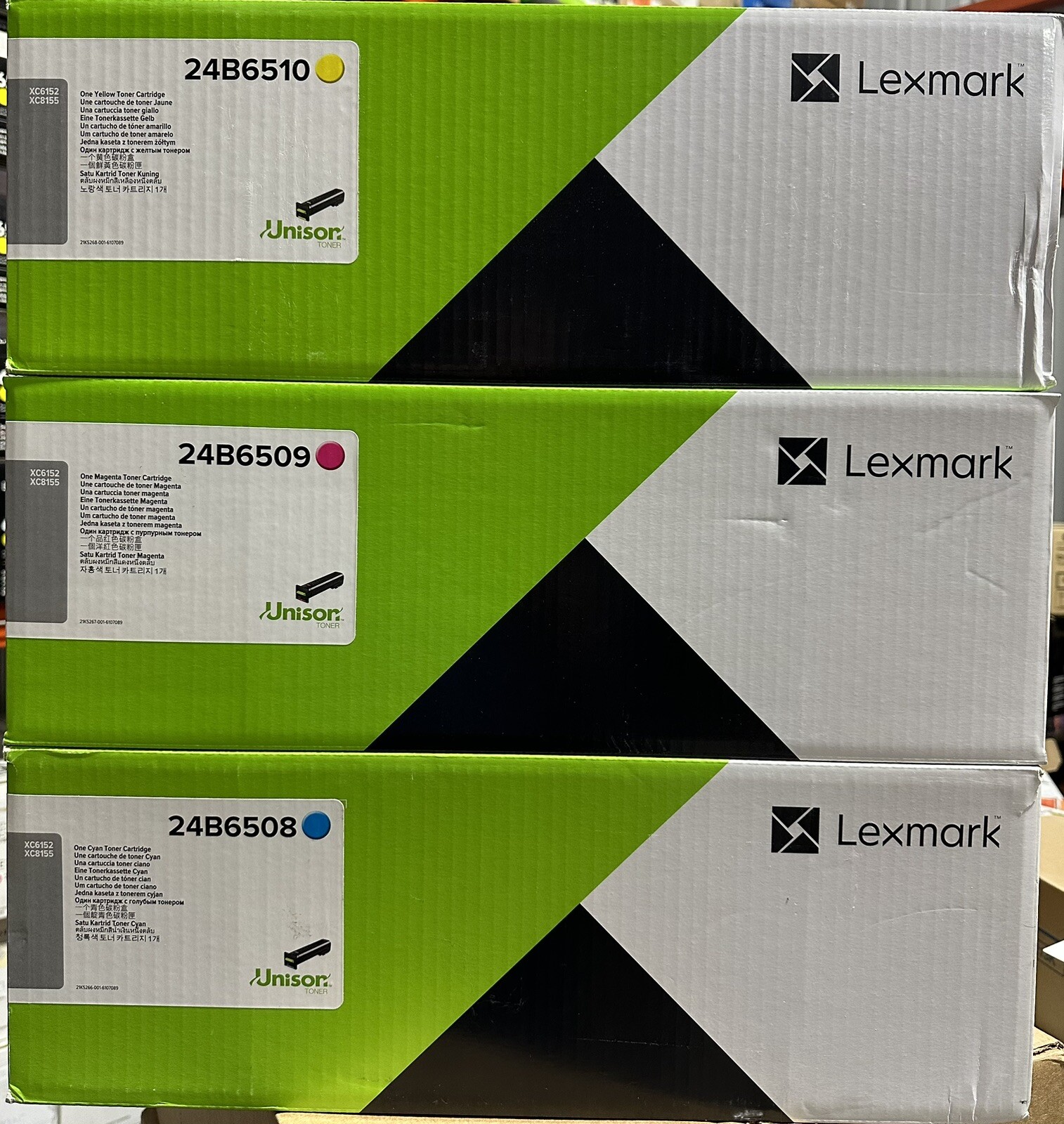 New Lexmark 24B6508, 24B6509, 24B6510, Genuine Toner Cartridge Set CMY