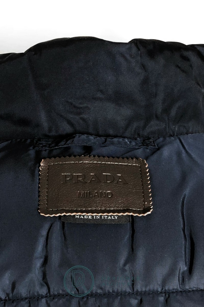 ジャケット・アウター prada triangle logo down vest navy PRADA Men Down Vest Blue Brown Leather Pads Triangle Logo
