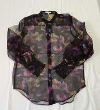 Equipment Femme Boleyn Sheer Black Silk Floral Puff Sleeve Button Shirt Size S