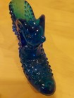 Vintage Fenton Blue Glass Shoe Slipper Boot  w/ Cat Head Hobnail Pattern — photo 2