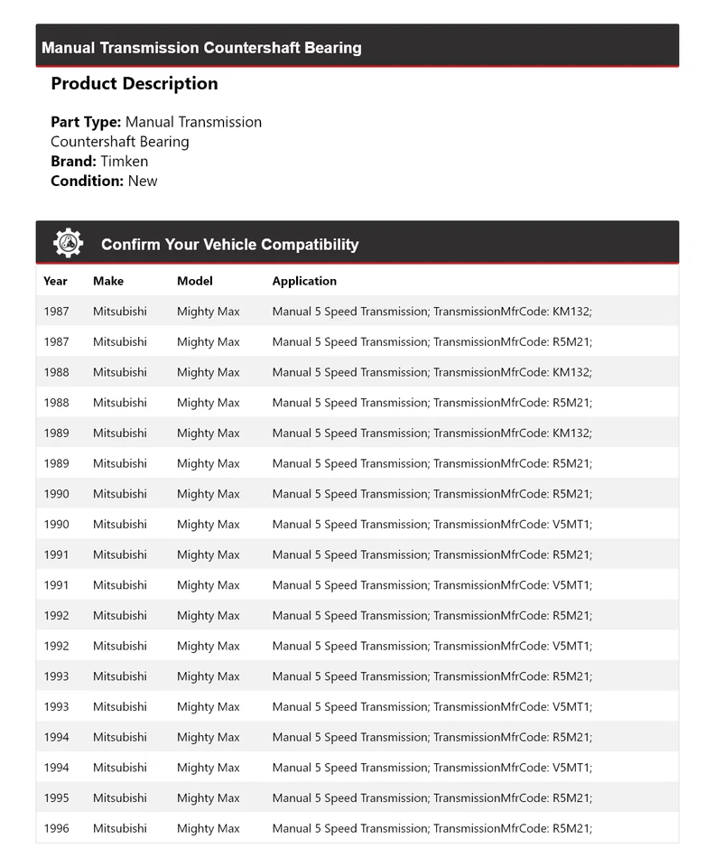 Cojinete de contraeje de transmisión manual Timken para Mitsubishi Mighty Max 1987-1996 Foto 2 de 3