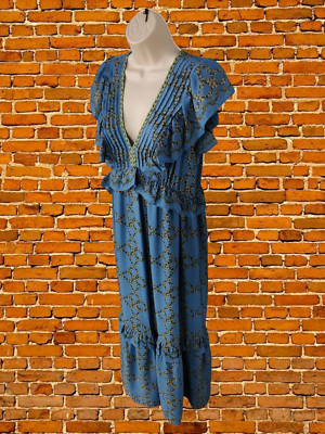 MAX STUDIO BLAU KLEID MEDIUM DAMEN KURZARM BLUMEN MUSTER LANG MAXI RÜSCHEN