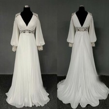 Elegant Chiffon Long Sleeve V Neck Wedding Dress Boho A Line Bridal Gowns