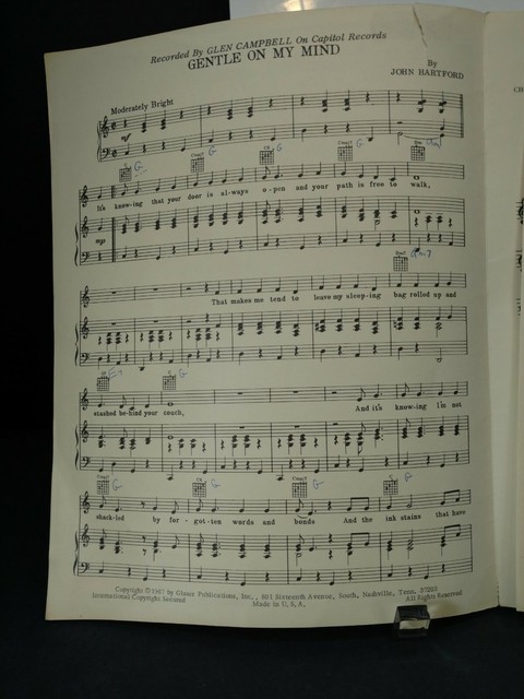 Gentle On My Mind Glen Campbell Sheet Music 1960's Piano Guitar Country ...