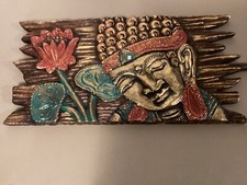 Colorful Buddha Lotus Carved Wood 17"x8" Plaque