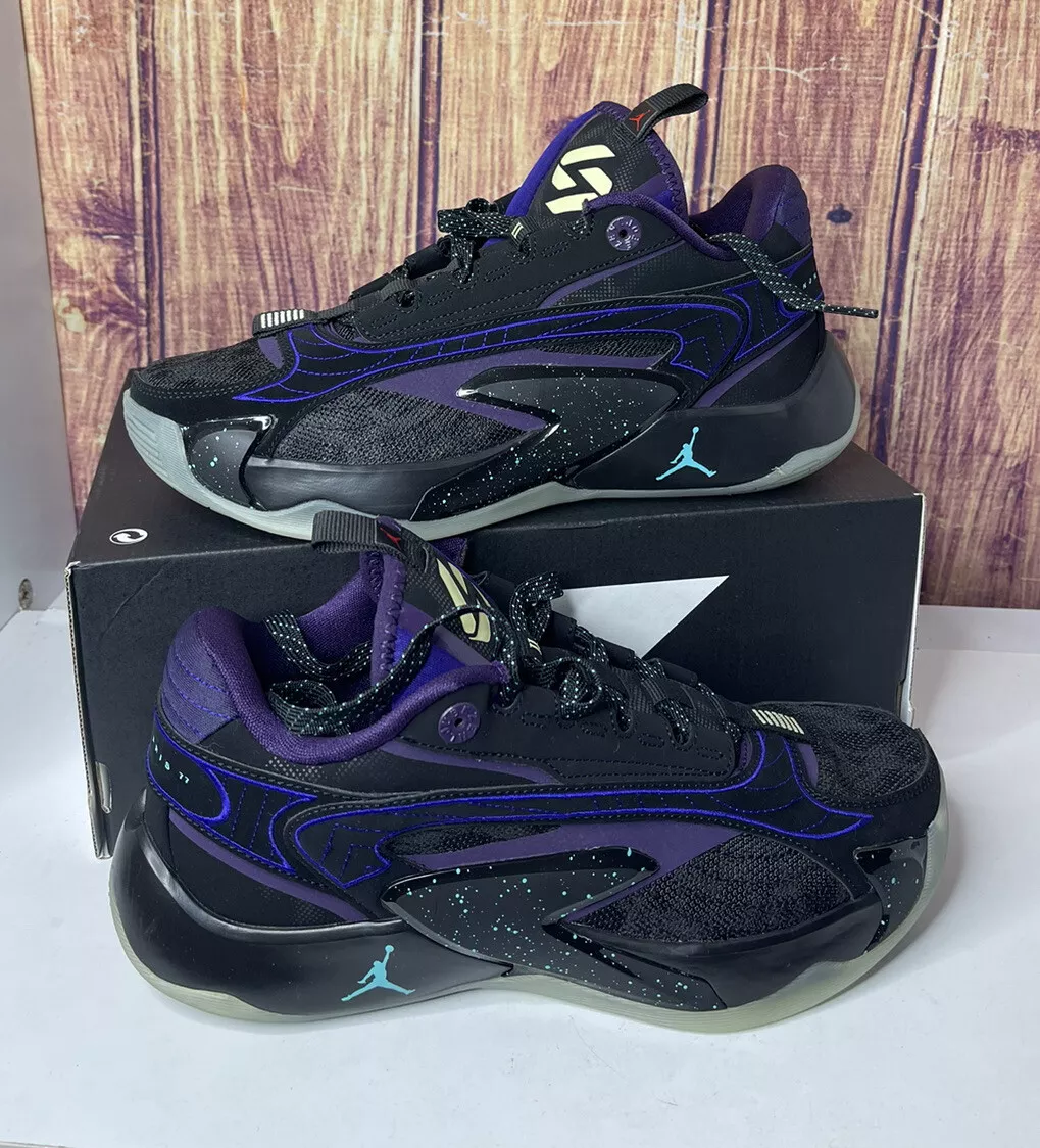 Purple green shop and black jordans