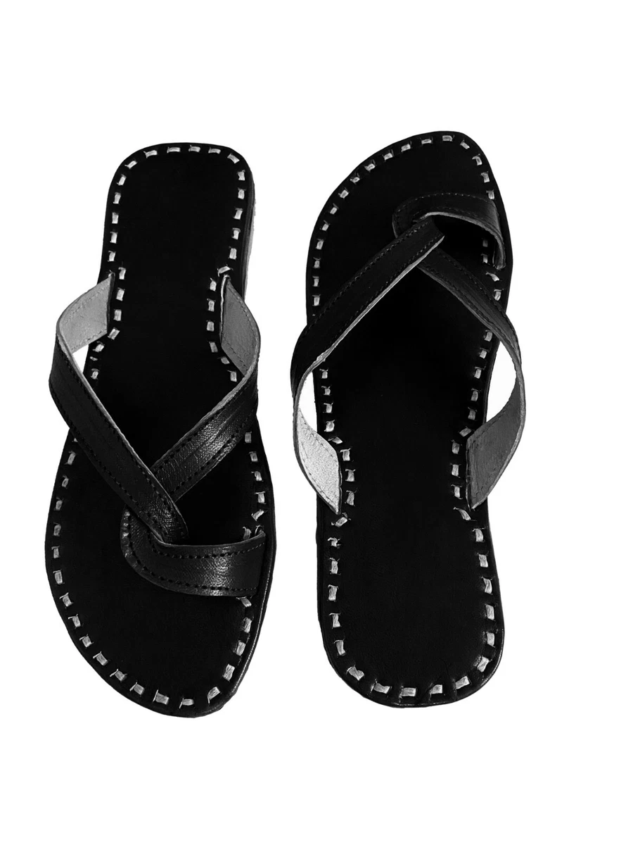 Pantofole donna sandali in pelle nera fatti a mano casual infradito indiane scar