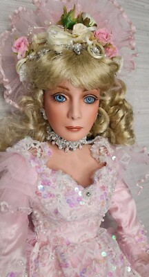 Vintage Rustie Porcelain Doll Pink Chiffon Blonde Curly Hair Blue Eyes 26''