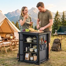 Camping Cupboards, Folding Camping Kitchen Table with 3-Tier Storage, Black