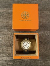 NEW Tory Burch Classic T Gold Ivory Navy Blue Leather Watch TBW9001