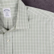 Brooks Brothers Dress Shirt Mens 16 2/3 Green White Gingham 1818 Regent Non Iron