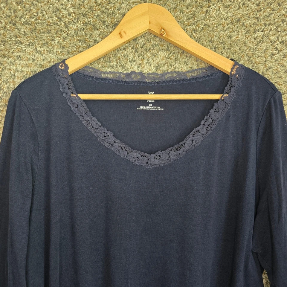 Talbots Top Womens Plus 2X Navy Blue Lace Trim V Neck 3/4 Sleeve Cotton Ladies - Imagem 4 de 4
