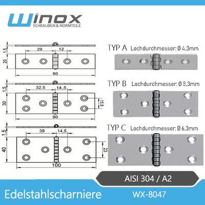 Scharnier Scharniere V2A V4A  Türscharnier Möbelscharnier Türband | 40x100x1,5mm