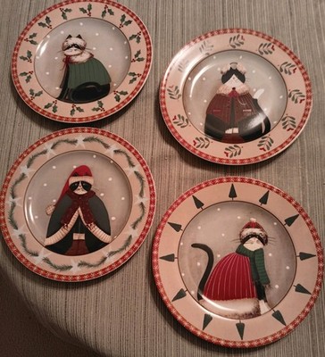 Christmas Holiday Cat Salad Dessert Plates Folk Art 8.25  Original Box - Sakura
