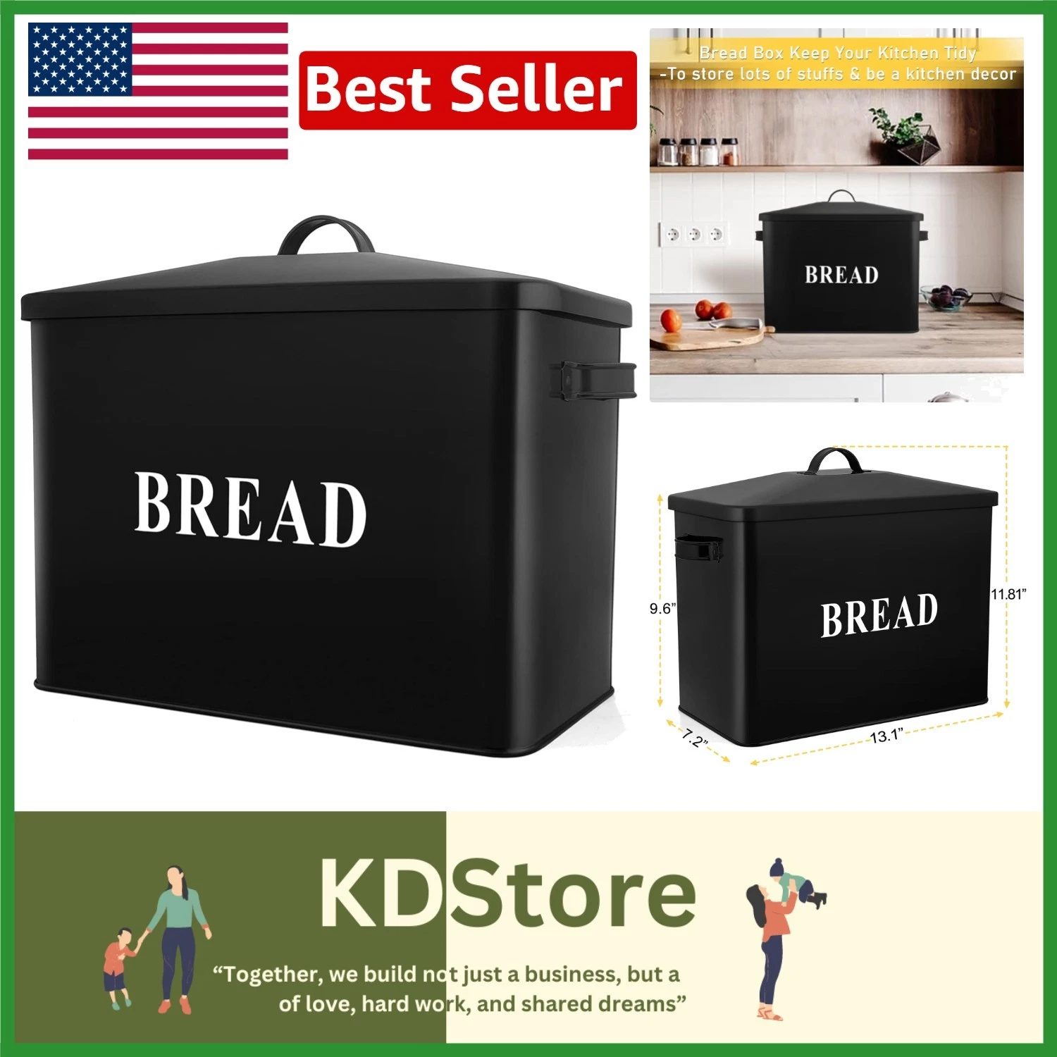 Sturdy Black Metal Bread Box with Ventilated Lid & Handles