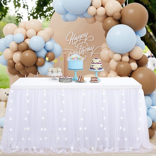 White Table Skirt 14FT Tulle Tutu Table Skirt 2 Layer Ruffle Table Cloth for ...