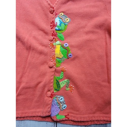 Michael Simon Salomon Colored Cardigan Sweater With Beaded Green Frogs Size M - Picture 2 of 13