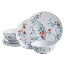 Dragonfly 12 Piece Decorated Melamine Dinnerware Set - White