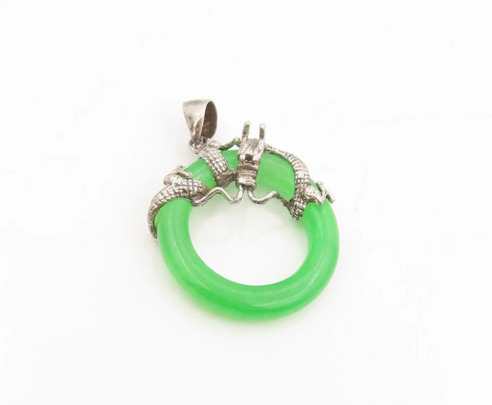 Colgante Vintage Plata de Ley 925 Verde Jade Dragón Círculo Medallón PT25417 Foto 2 de 4